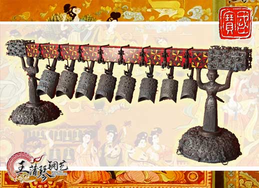 8件古編鐘，銅人銅座裝飾，可發(fā)音